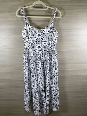 J. Crew Cotton Poplin Corset White & Blue Midi Sundress Ruffle Size 8